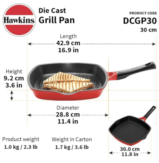 Hawkins 30 cm Grill Pan, Non Stick Die Cast Grilling Pan, Square Grill Pan for Gas Stove, Ceramic Coated Pan, Roast Pan, Red (DCGP30) - Image 3